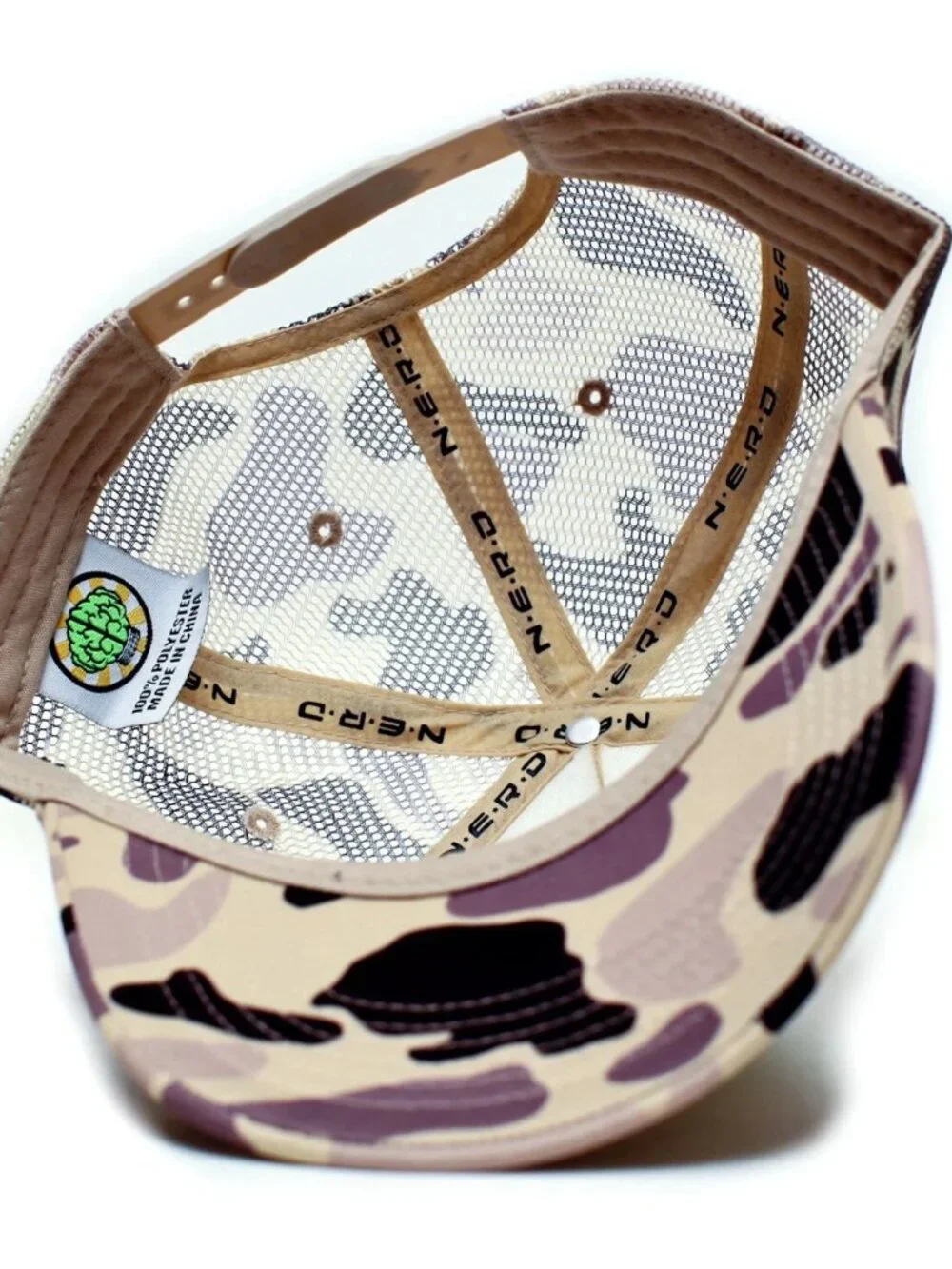NERD Trucker Hat Pharrell Neptunes Y2K Retro Camo Brain Logo Mesh Snapback Cap
